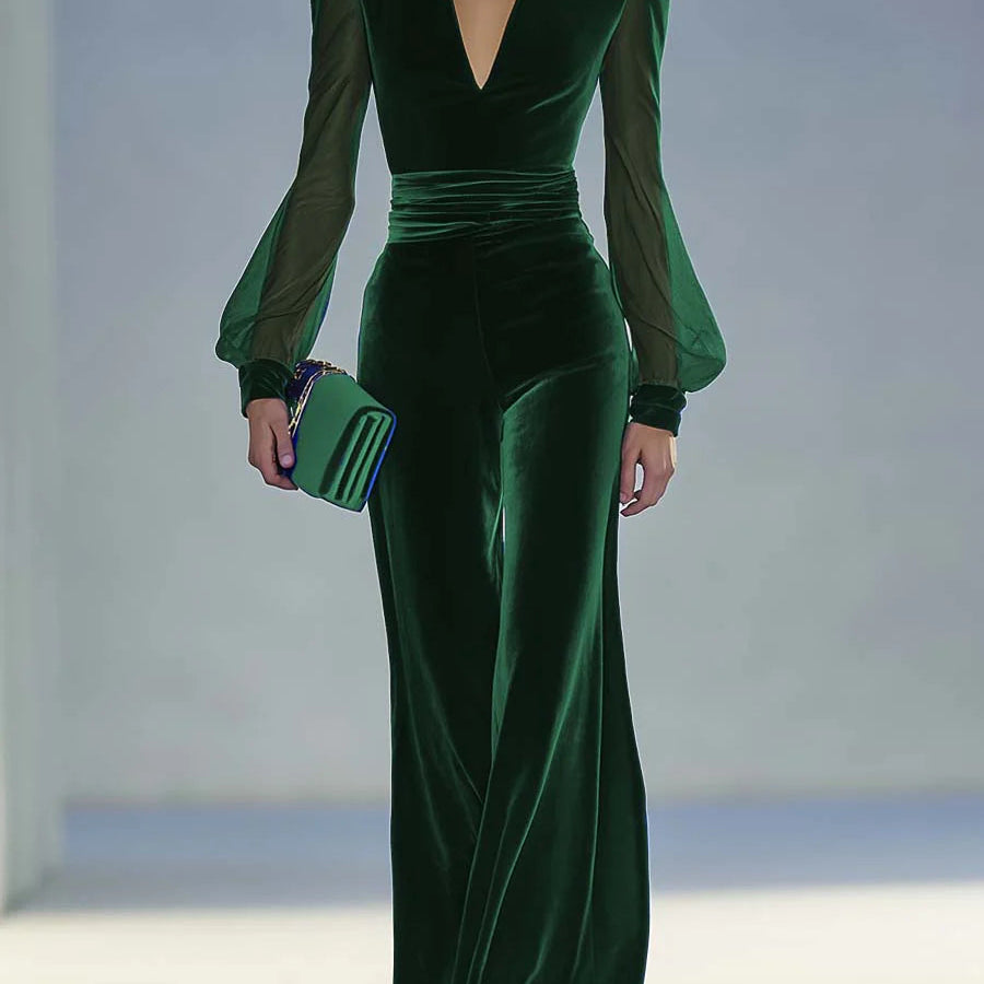 Sabrina - Hosszú bársonyos overall V-nyakkal és hosszú hálós ujjakkal, elegáns és retró